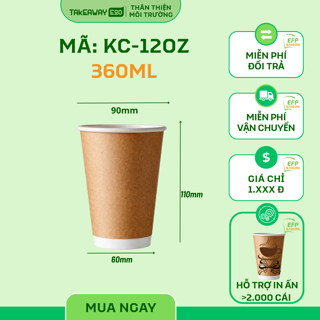 Ly Giấy Kraft 2 Lớp 12oz – 360ml (Dùng Nóng/Lạnh)